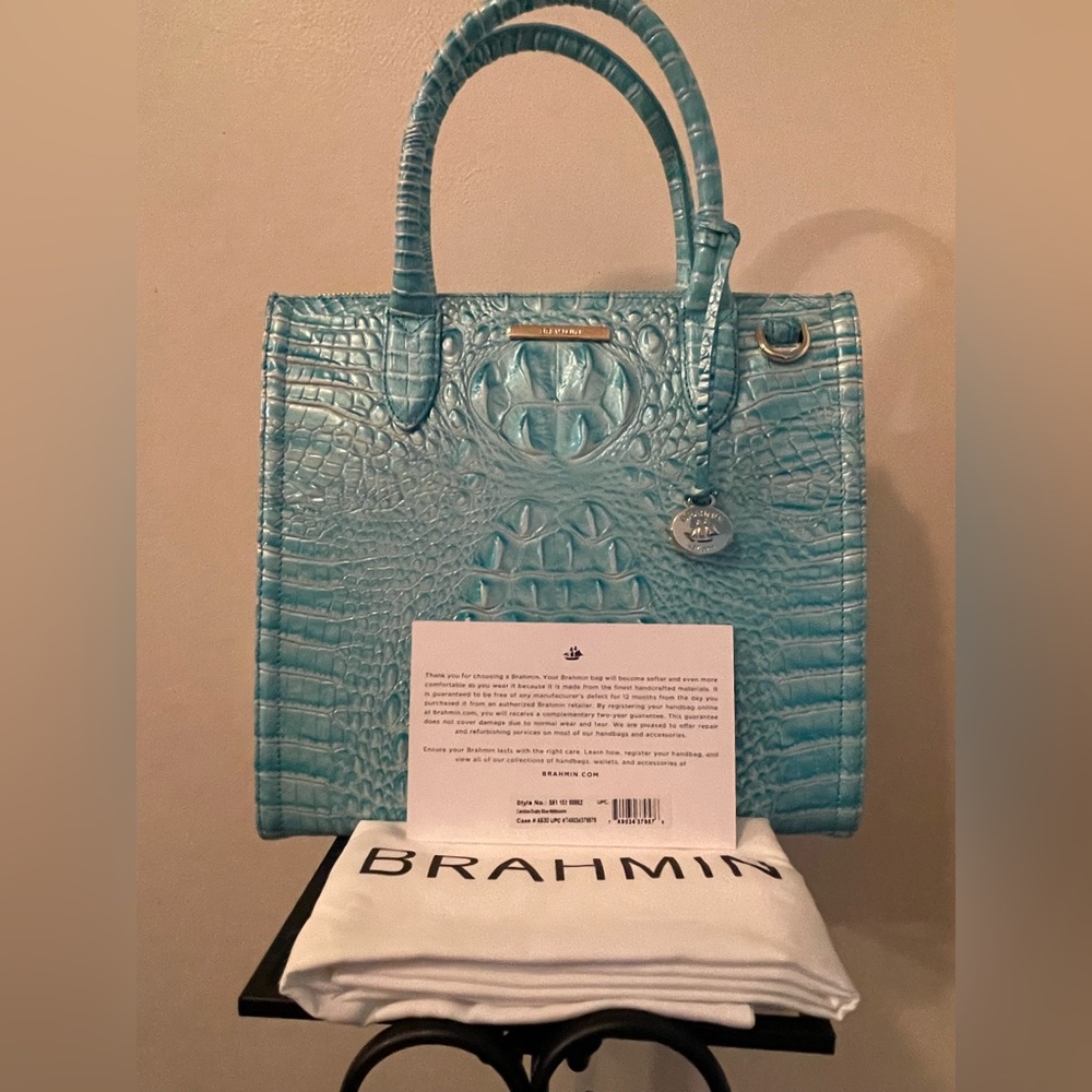 Brahmin Melbourne collection Large Caroline Dusty Blue satchel Bag
